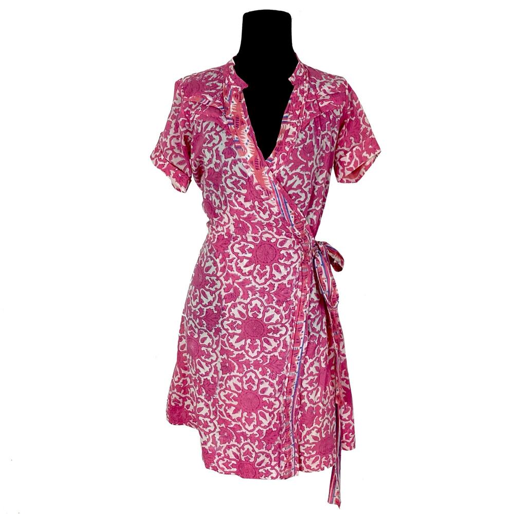 NWOT KERRY CASSILL Dress S Wrap Pink Blue Floral Bow Short-Sleeve Cotton Knee